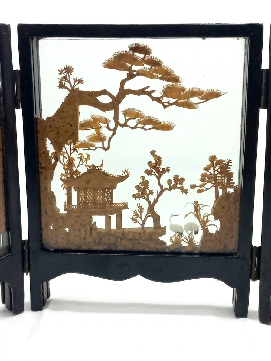 Vintage Chinese Cork Diorama Folding Screen Carved Art Lacquer Wood 3 Panel