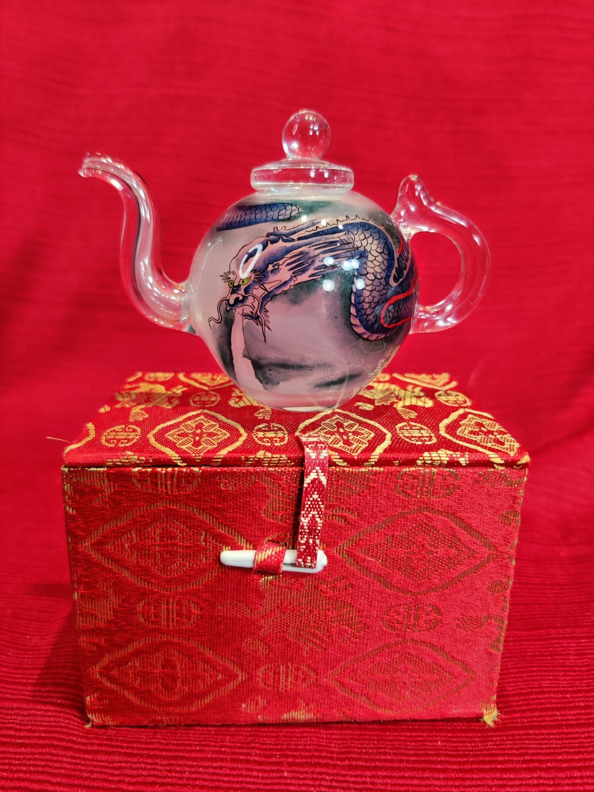 VTG Asian Glass Teapot Mini Reverse Painted Dragons Tea Pot Gift Box Small