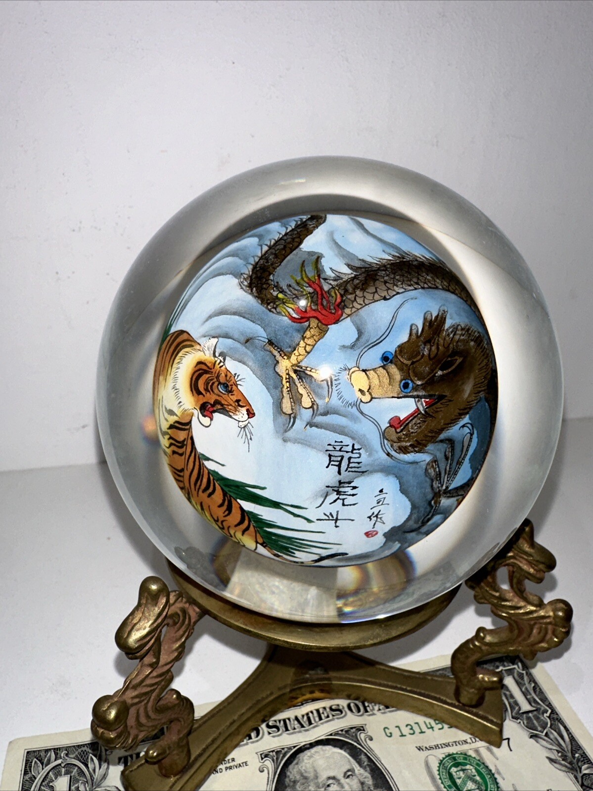 Vintage Asian Glass Ball Dragon Rotating Stand Chinese Reverse Painted Sphere