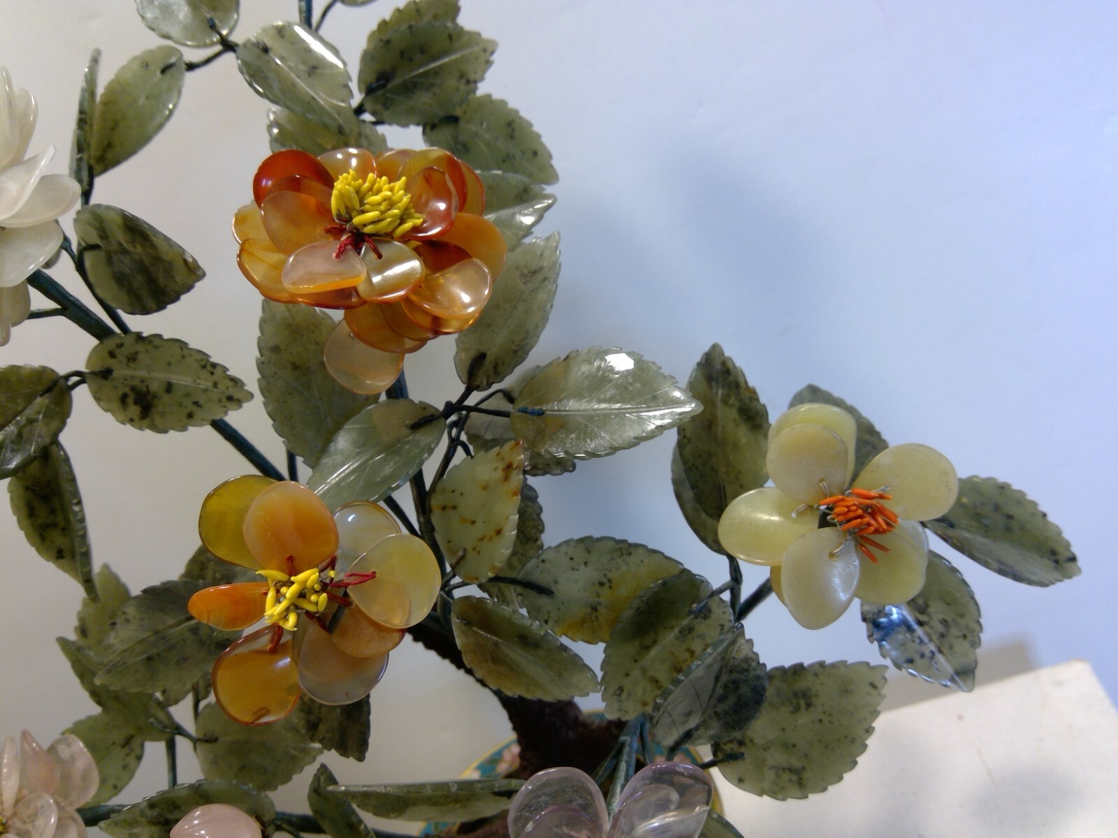 Vintage Chines Cloisonne Pot Bonsai Tree Craved Stone Flowers & Leaves 11″ Tall