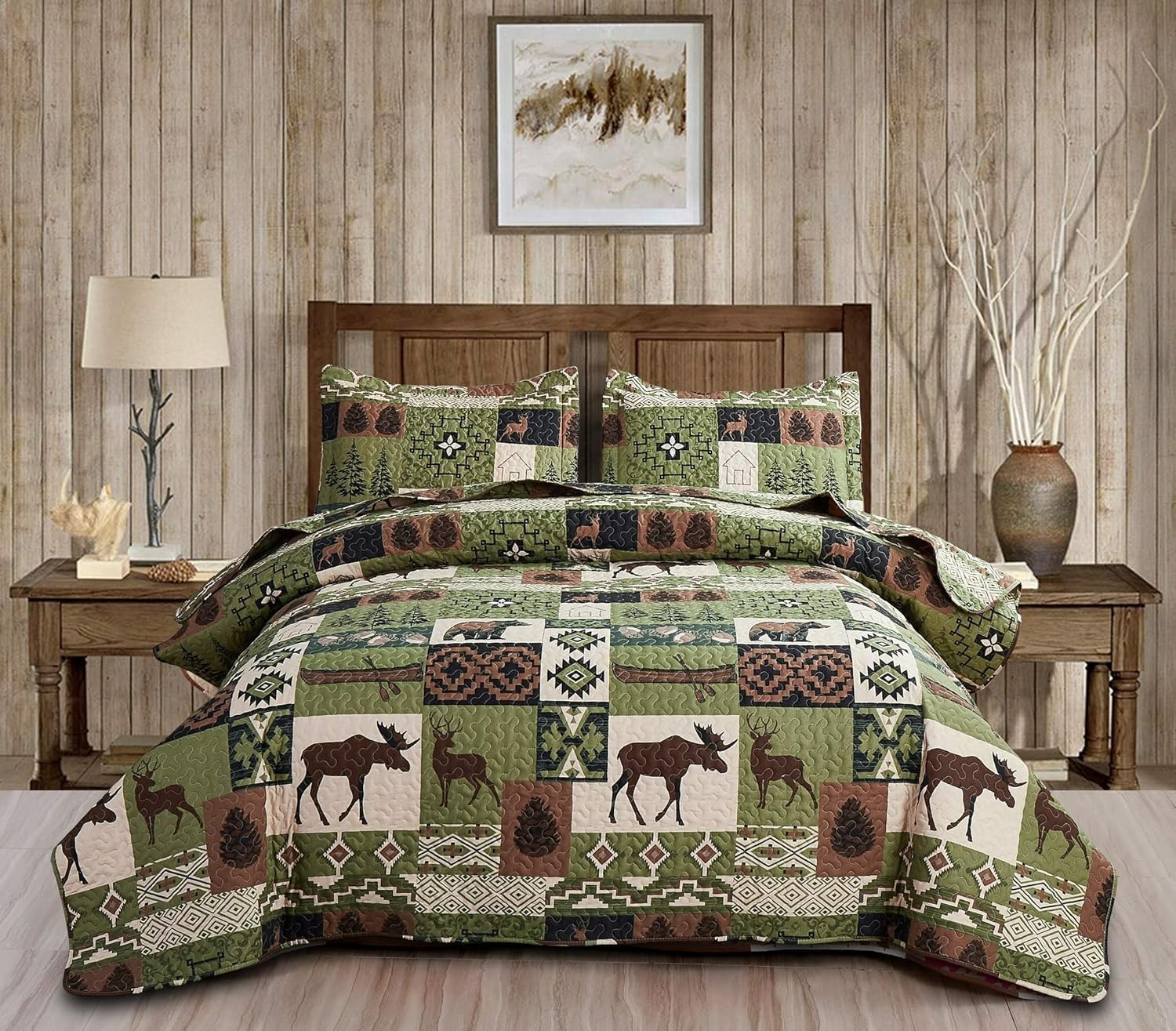 Rustic Lodge Quilt Set Moose Elk Bedspread King Size Forest Bear Deer Quilt Matc