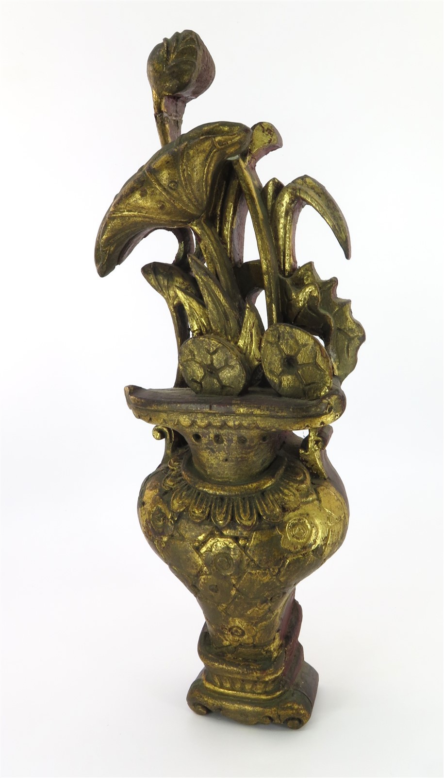 2 Vintage Carved Wood Gilt & Red Chinese Decorative Wall Sculptures 13″ T x 4.5″