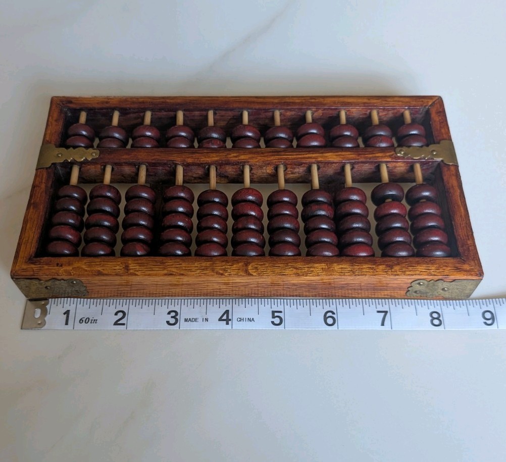 Vintage Chinese Red Lion Abacus Wuhan China Wood Brass Accent 77 Beads 8.5″x4.5″
