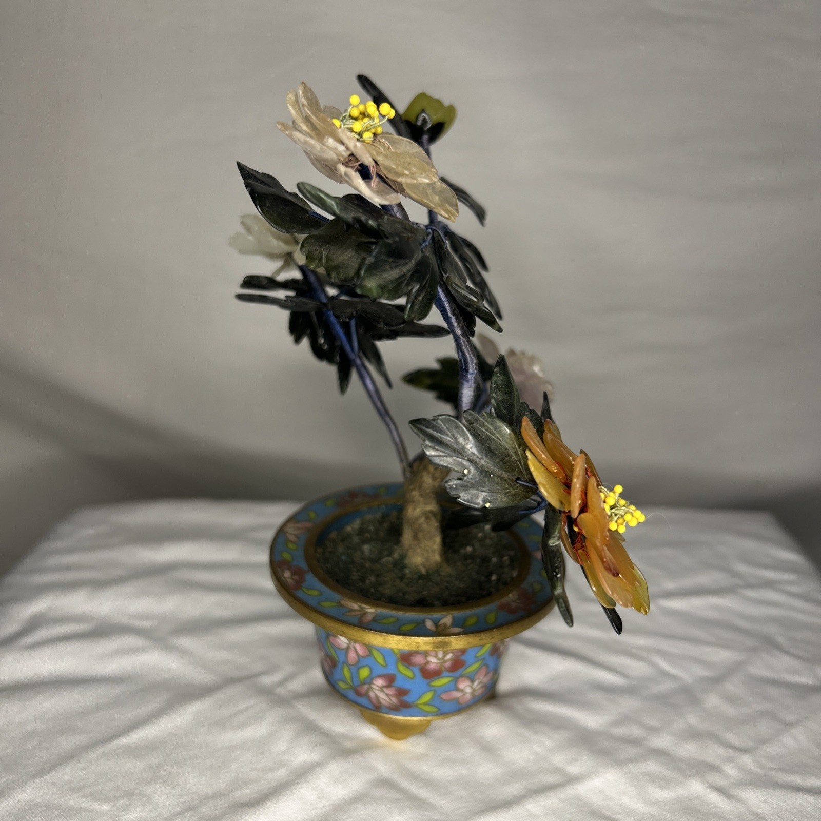 Vintage Chinese Jade Bonsai Tree Sculpture in Cloisonné Enamel Pot Iris Apfel