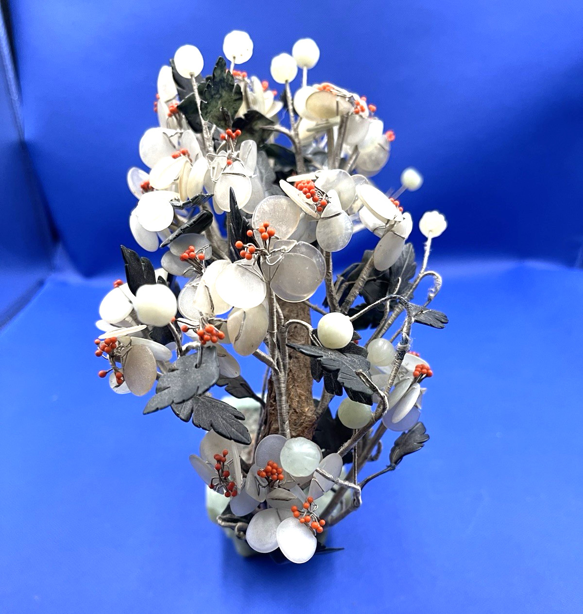 Vintage Large Chinese Jade Base Gemstone Flowers Bonsai Tree Sculpture 989