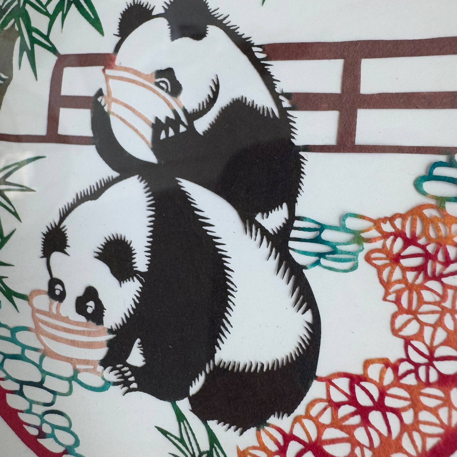 Handmade Chinese Panda Paper Cut Framed Glass Art Table Decor Cultural Gift