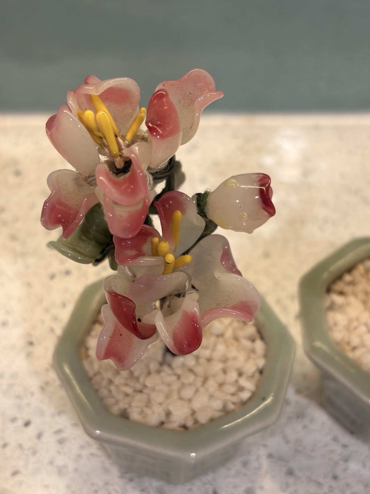 2 Vintage Asian Decor Small Jade Glass Pink Flower Bonsai Tree Celadon Pot 4.25”