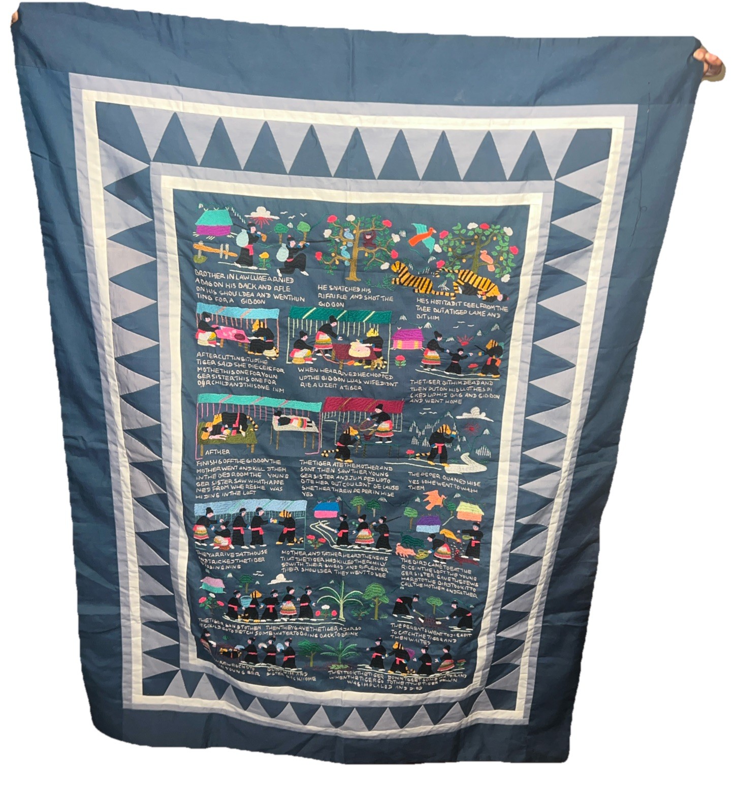 Vintage Hmong Hand Embroidered story cloth tapestry 38X52 Beautiful Blanket