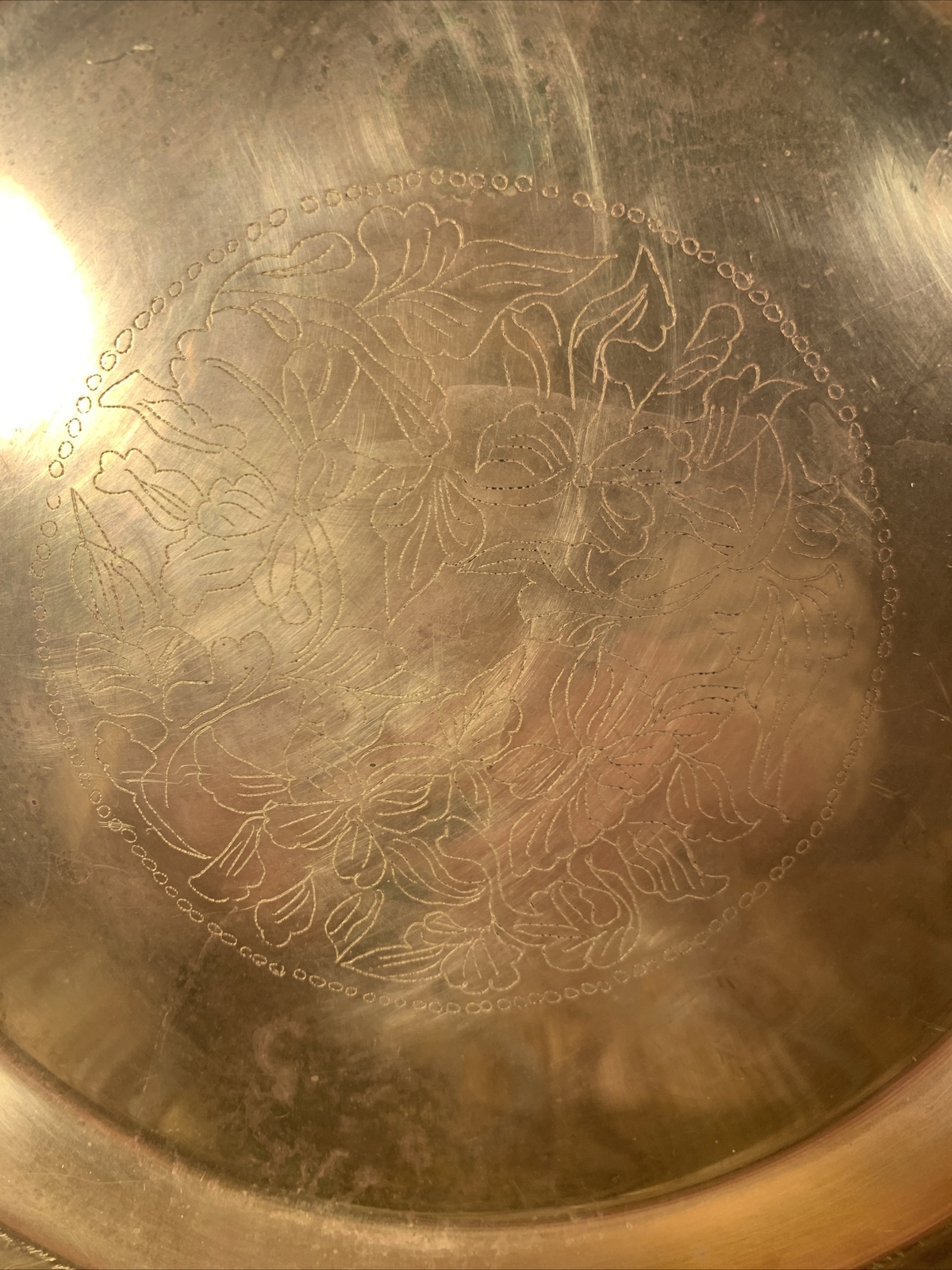 Vintage Chinese Brass Tray~Platter Etched Florals Medallion~10”~Boho