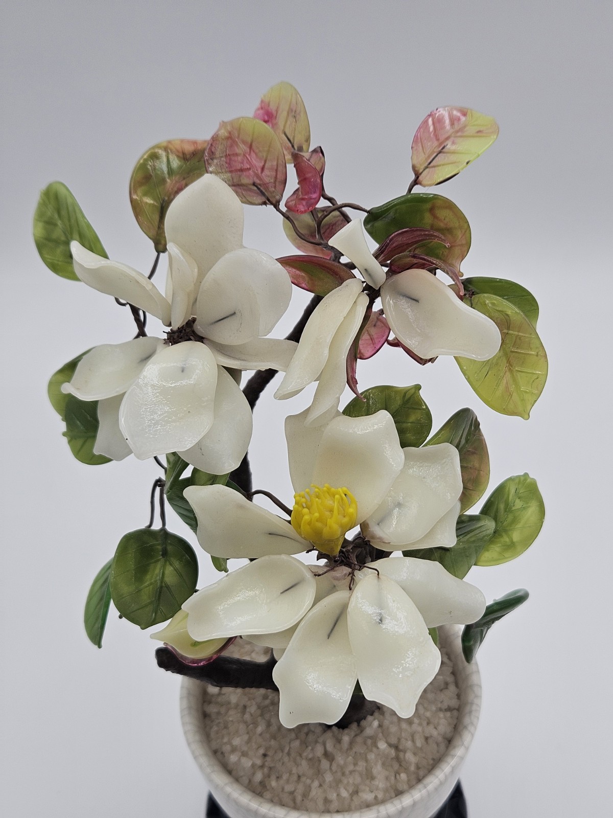 Vintage Chinese Jade Bonsai Tree w/ White Dahlia Flowers in White Pot – 9.5″H
