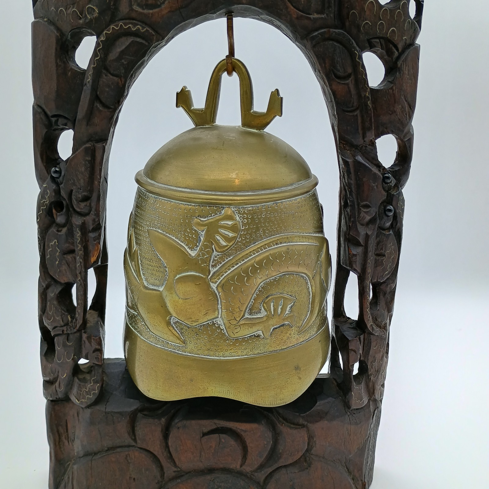 Vintage Chinese Wood Hand Carved Frame Holder With Brass Bell Dragon