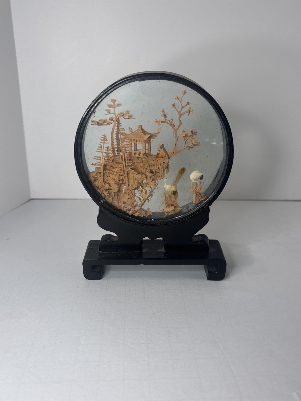 Vintage Hand Carved Cork Wood Diorama Under Glass Pagoda Cranes 6”