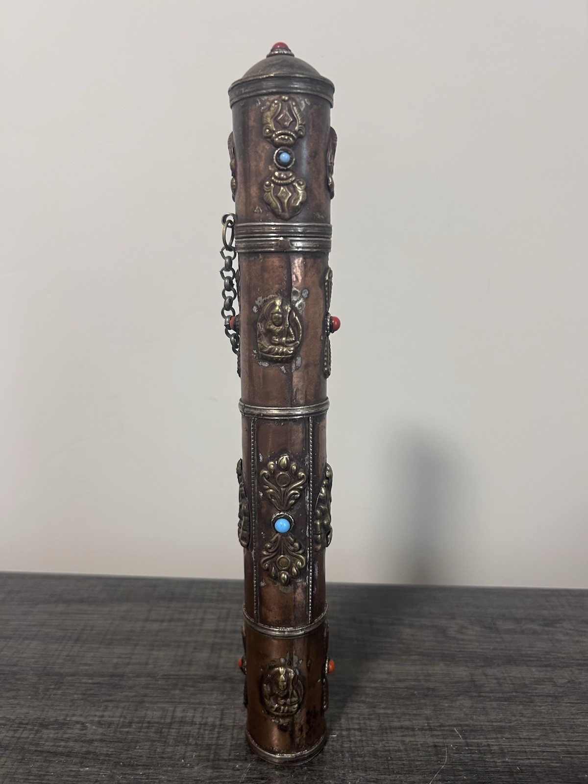 Tibet Copper Inlaid with Green Pine Stone Incense Cylinder -Collectible