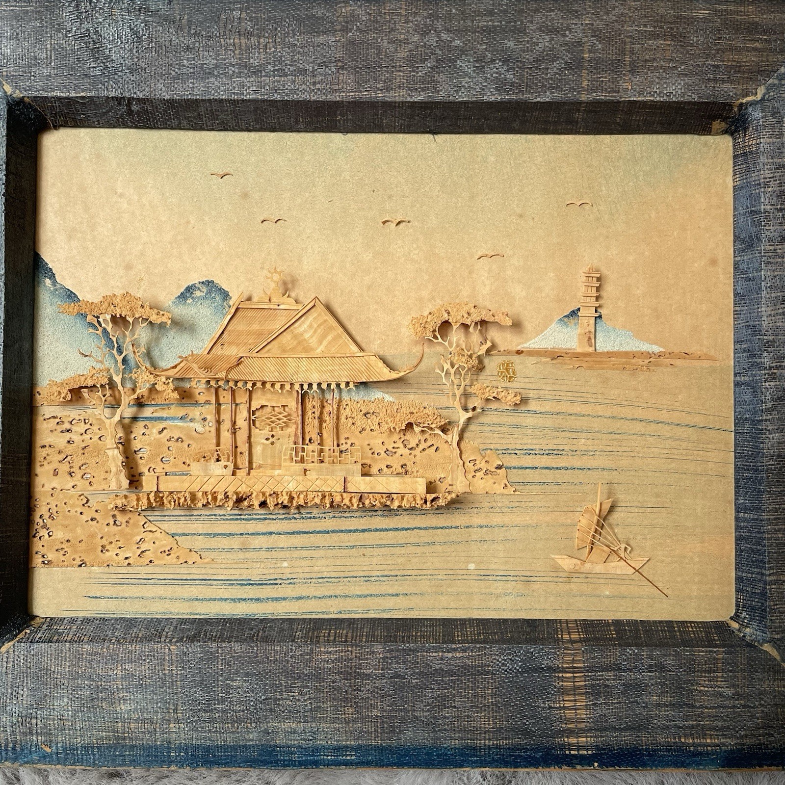 Antique 1930s Chinese Cork Carving Art 3D Pagoda Diorama W/ Birds Trees Framed