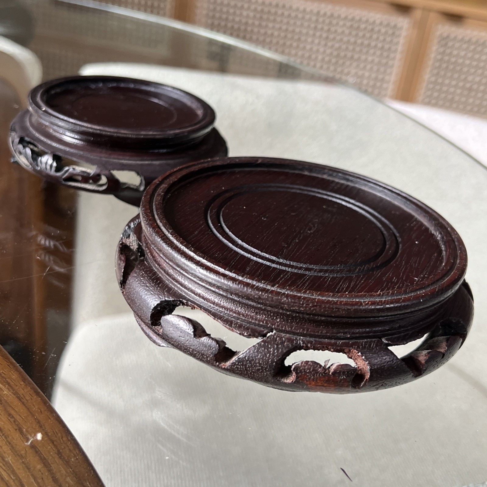 TWO Wood Display Stands 4″ + 5″ Asian Hardwood Pedestal Carved Ebonized Pair