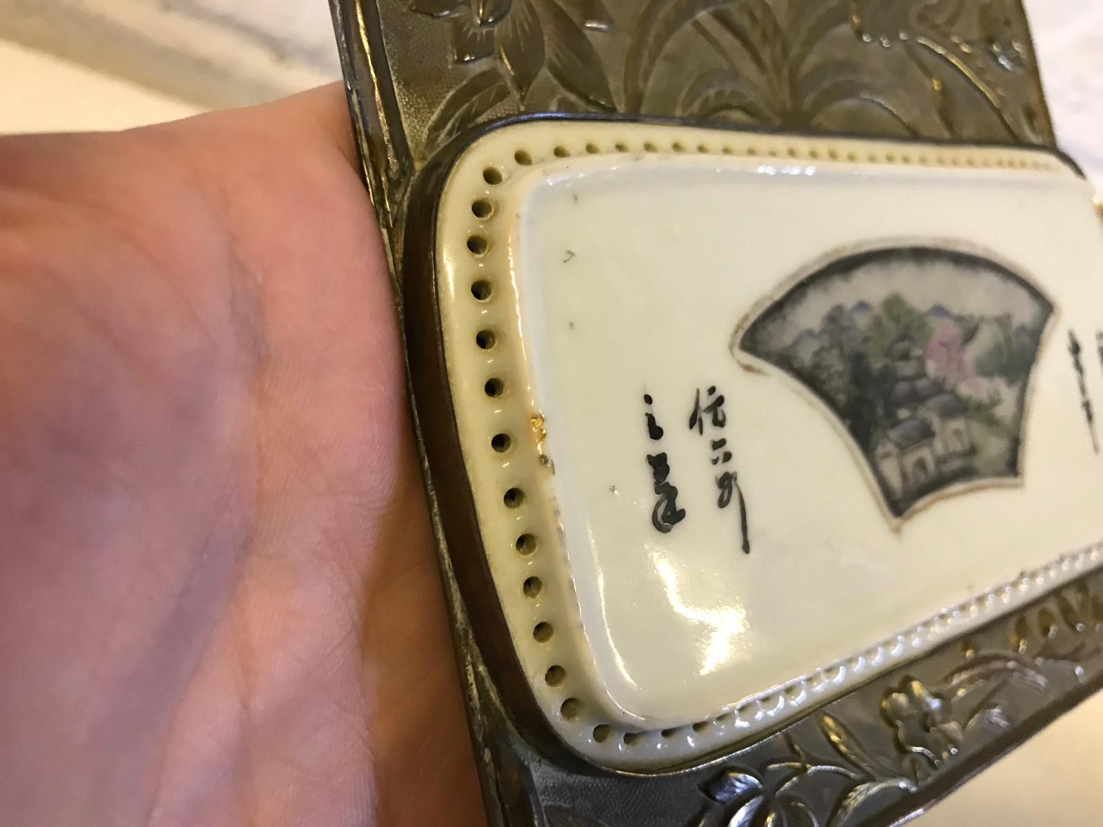 Antique Chinese Porcelain Painted Plaque Inset in Brass Frame Floral Decoration