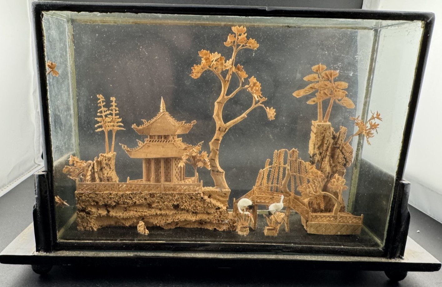 Vintage Chinese Cork Art Diorama, Glass Display Case, Pagoda Scene, Excellent #2