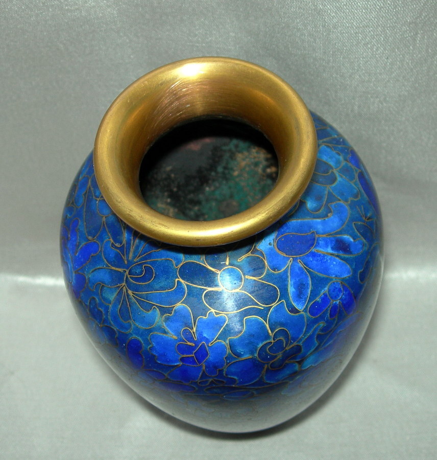 Beautiful Vintage Cloisonne Asian Vase Cobalt Blue Flowers 6.5″ Elegant!