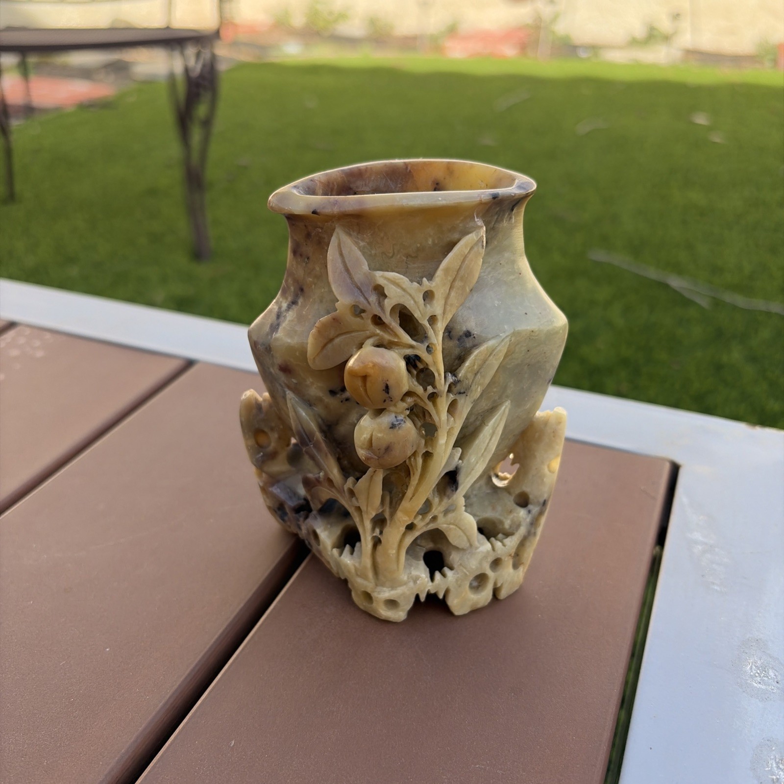 Vintage Chinese Soap Stone Carved Flowers in Sculptured Vase 4 1/2 Inches