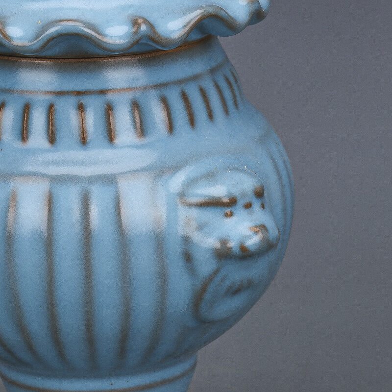 7.4″ Collect China Ruyao Sky Blue Glaze Porcelain Foo Fu Dog Lion Lid Pot