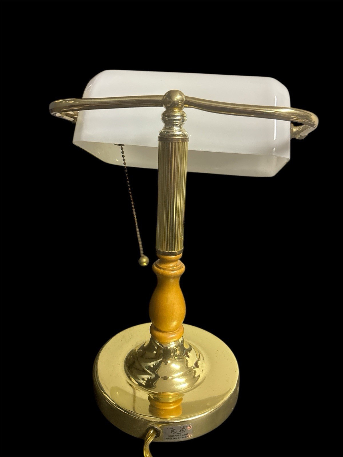 Bankers Lamp White Shade , Shiny brass With Wood Look Model 9406 Made In China