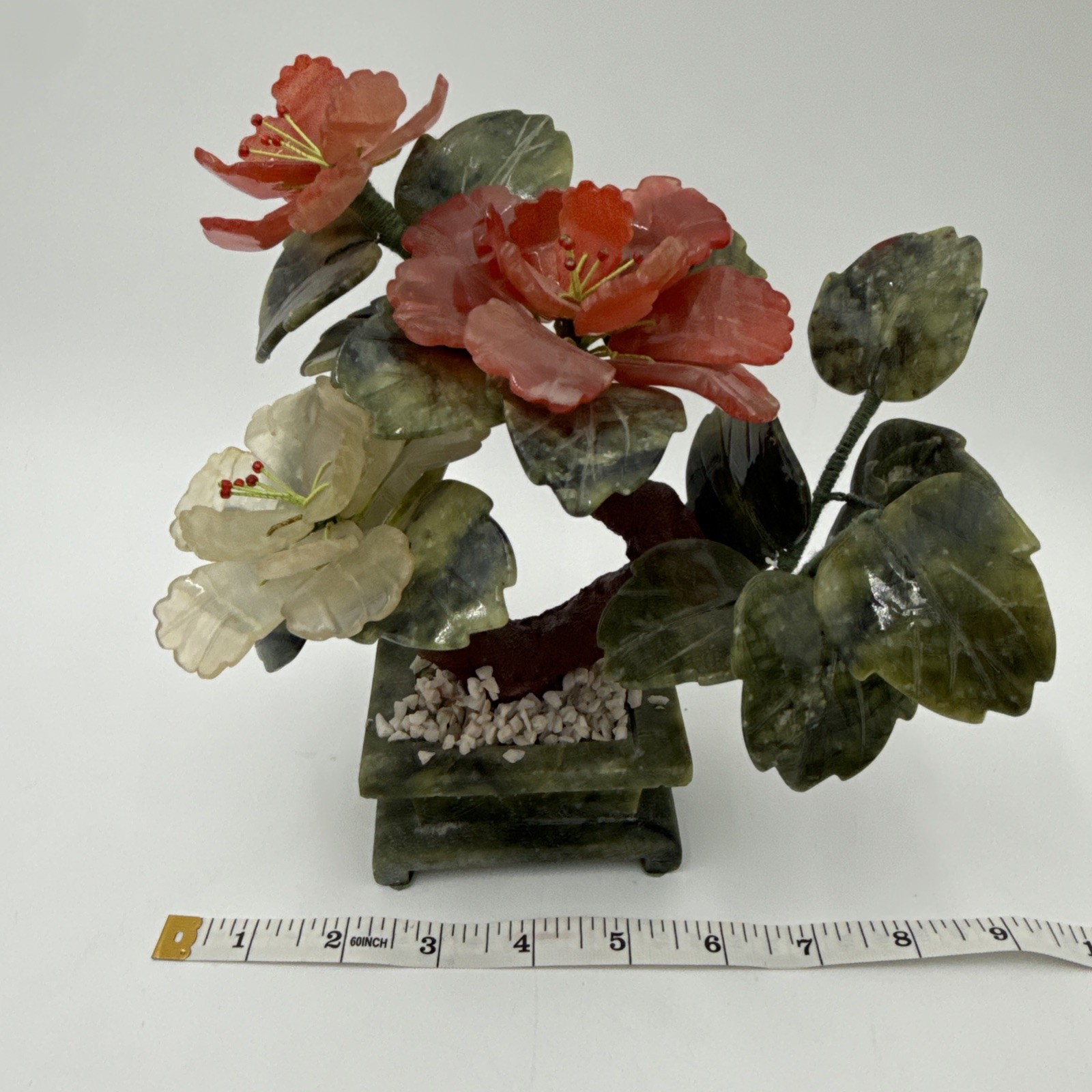 Vintage Chinese Jade Quartz Bonsai Tree Floral In Celadon Pot Carved Flower Tree