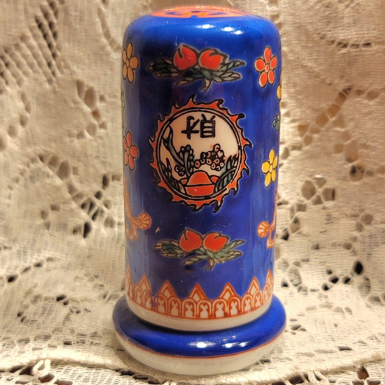 VTG Pretty Asian Porcelain 2-Piece Toothpick Holder Vessel Handpainted Signed