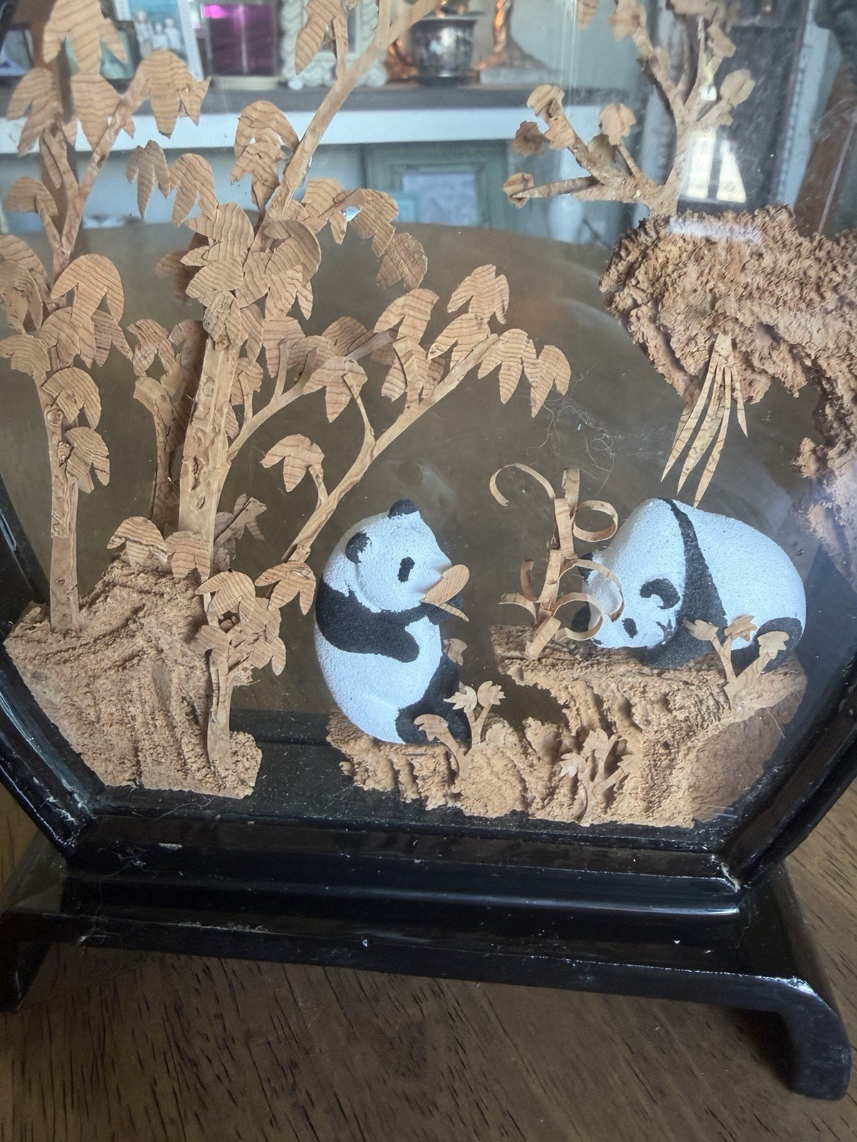Vintage Chinese Cork Art Panda Scene Diorama Black Lacquer Frame Asian Shadowbox
