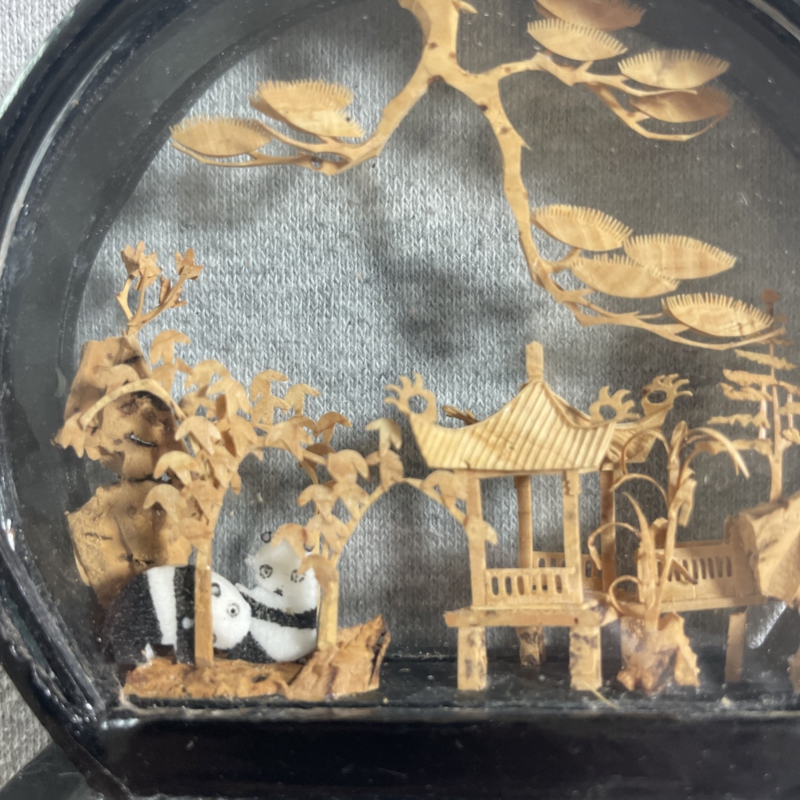 Vtg. Carved Cork Chinese Art Diorama with Pandas Pagoda and Trees Black Lacquer