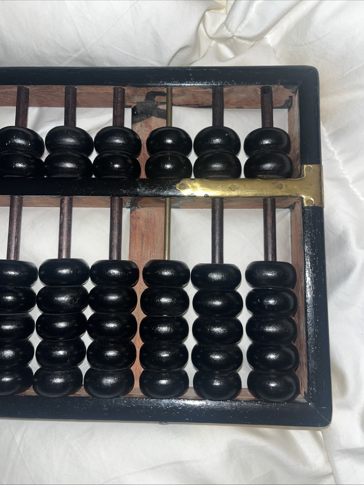 Vintage Abacus -11 RODS 77 BEADS Wood Black Painted Brass Accents Hong Kong