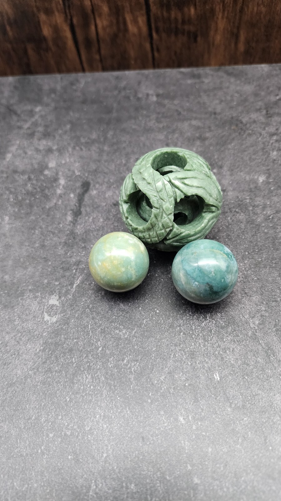 Chinese Hand Carved Round Green Stone Puzzle Ball Sphere + 2 Nephrite Spheres