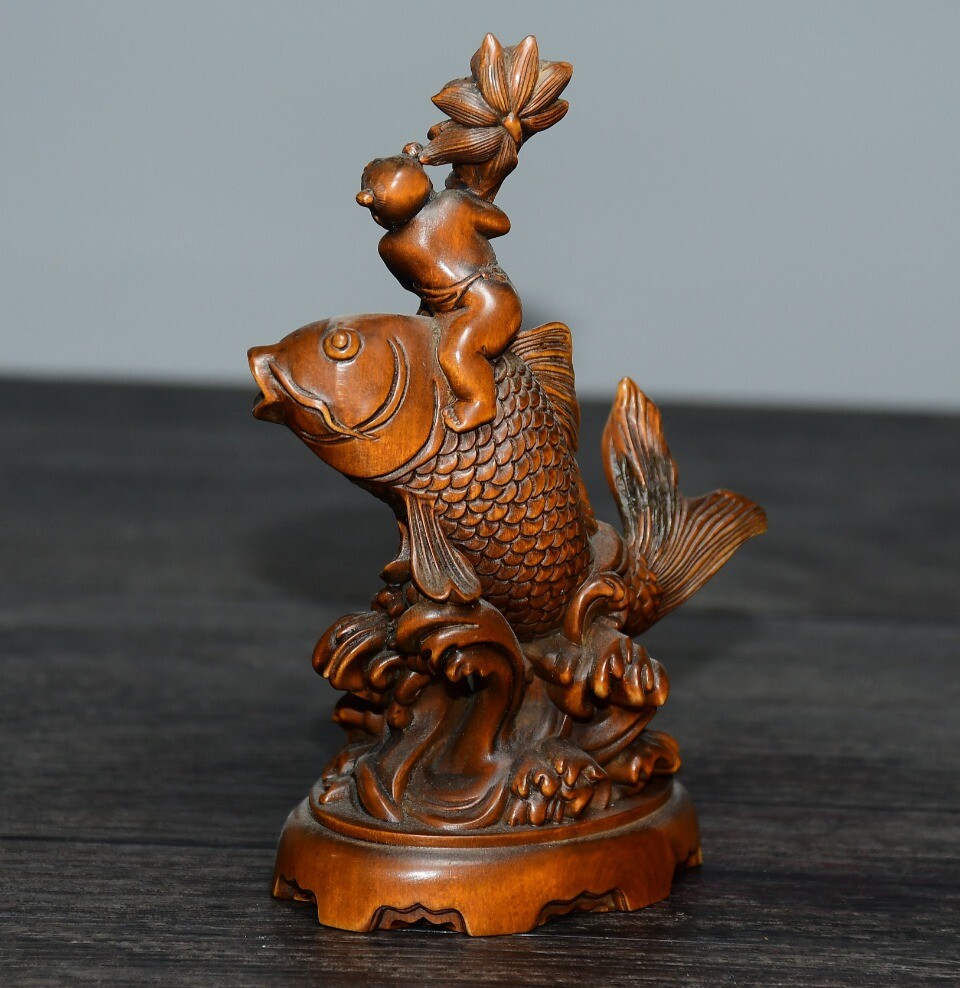 4.5″ Collect Chinese Box-wood Carving Boy Ride Goldfish Statue