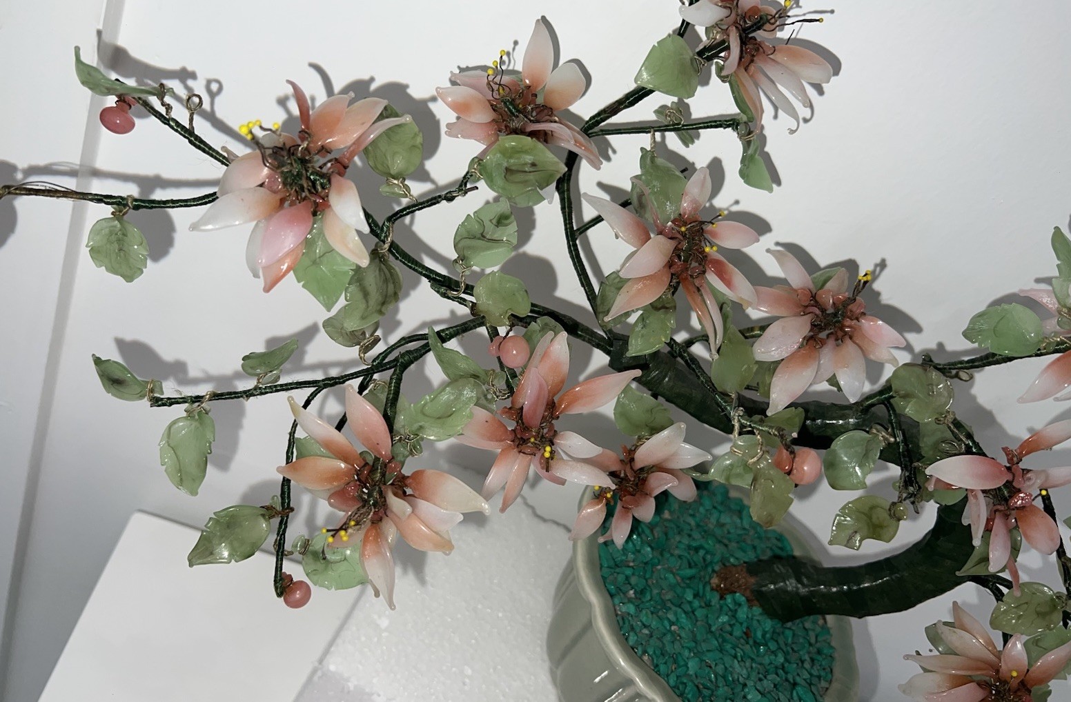(…-6)Jade Like Flower Pink Glass Asian Bonsai Tree Leaves Missing And Damage.