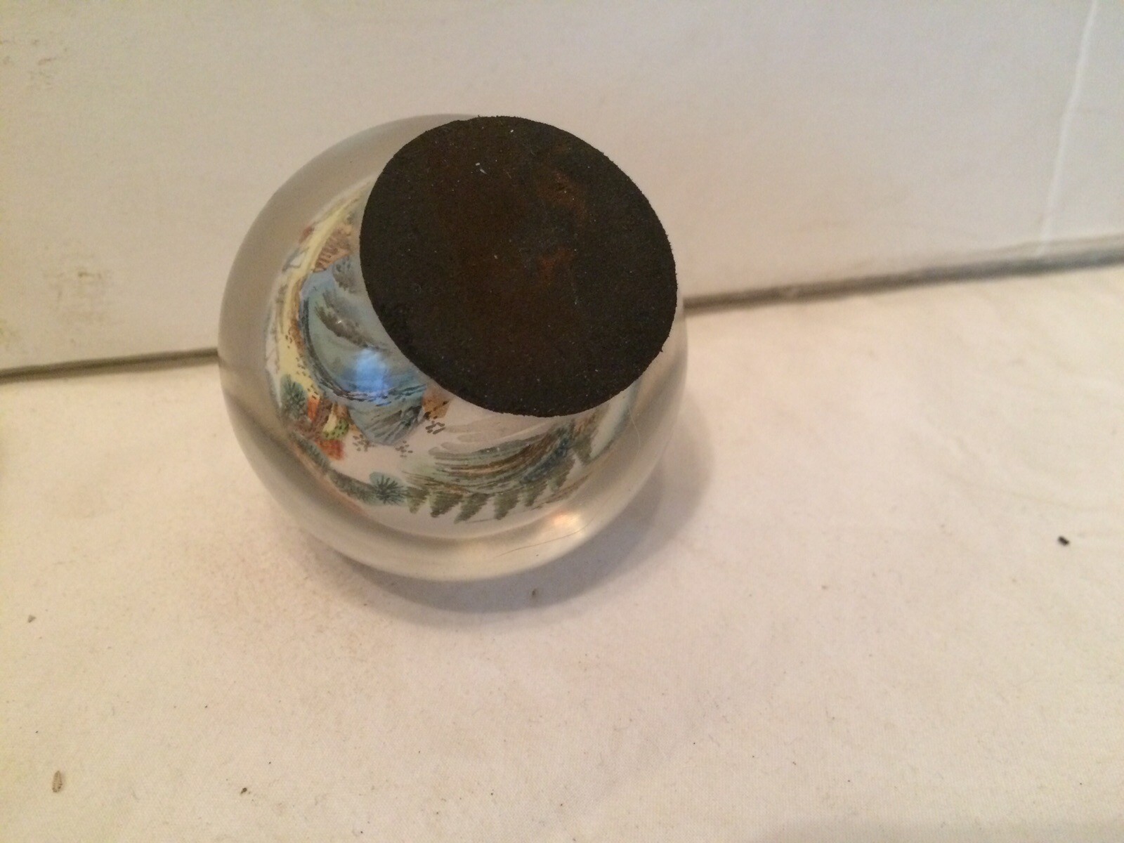 VTG Reverse Painted Glass Ball Sphere Paper Weight Oriental Asian Mountain Scene