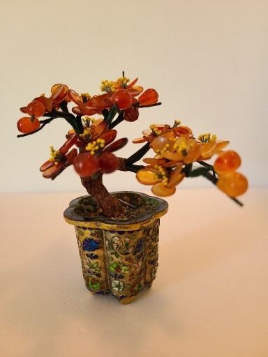Chinese Gem Stone Art Bonsai Tree Carnelian Cherry Tree Cloisinae Pot 5″x5″