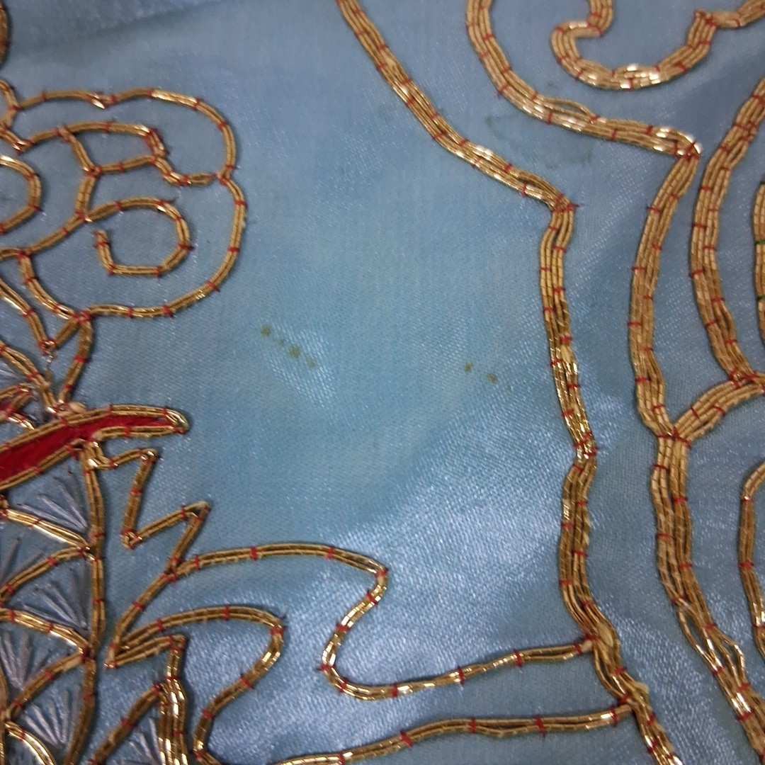Vintage Silk Embroidered Asian Dragon Blue and Gold Metallic Fabric Table Mat