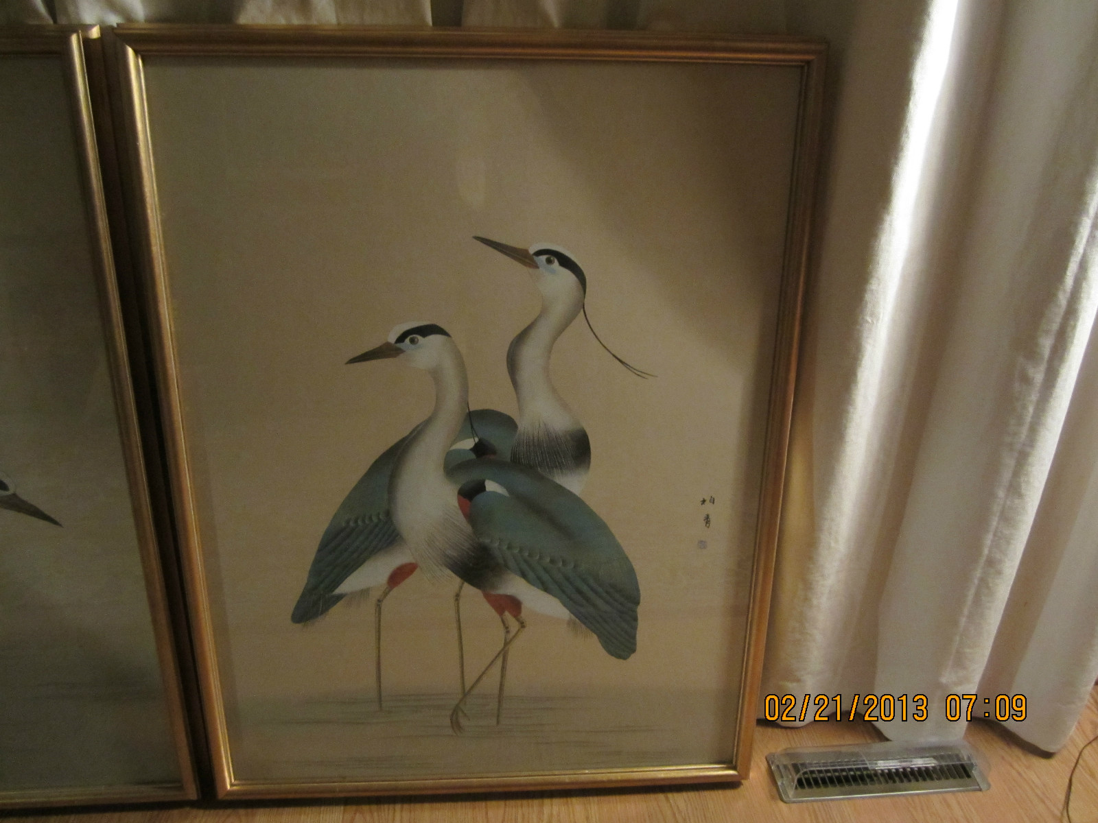 Large Asian Chinese Heron Crane Bird Art Pictures-Hand Painted Set Of 2-Stunning