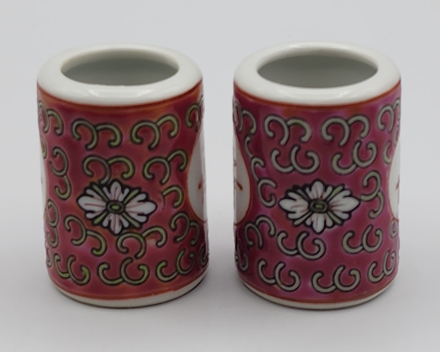 Mun Shou Longevity Red Porcelain Toothpick Holders Set of 2