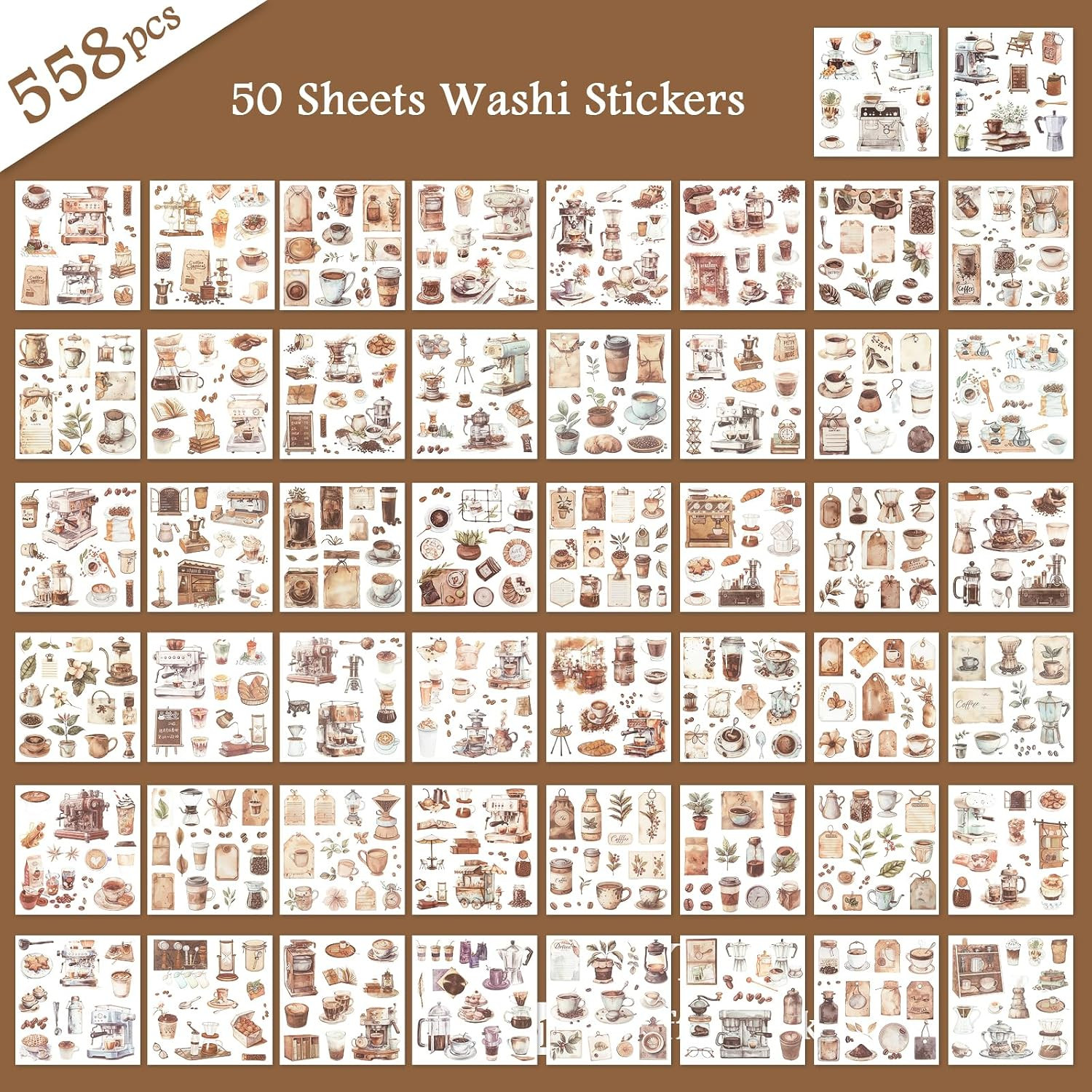 558Pcs Coffee Theme Washi Sticker for Scrapbooking | 50 Sheets Journaling Stick