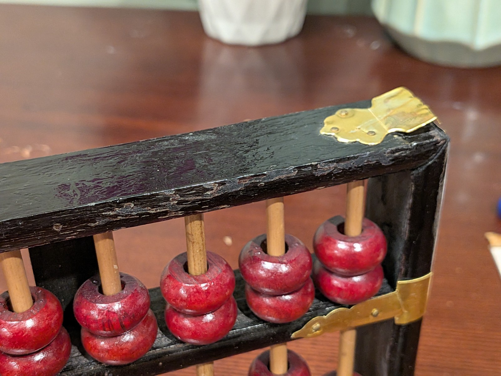 Vintage Chinese Abacus Wood & Brass Lotus Flower Brand Calculator 13 Row 91 Bead