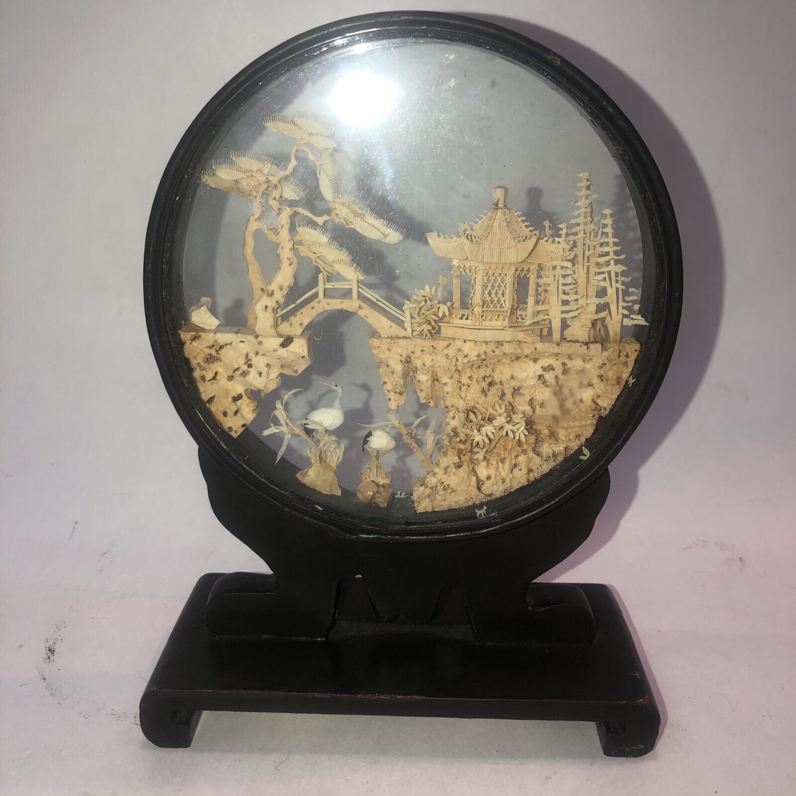 Mid 20th Century Chinese Cork Carving Landscape Art Pagoda Trees Cranes 6 1/2”