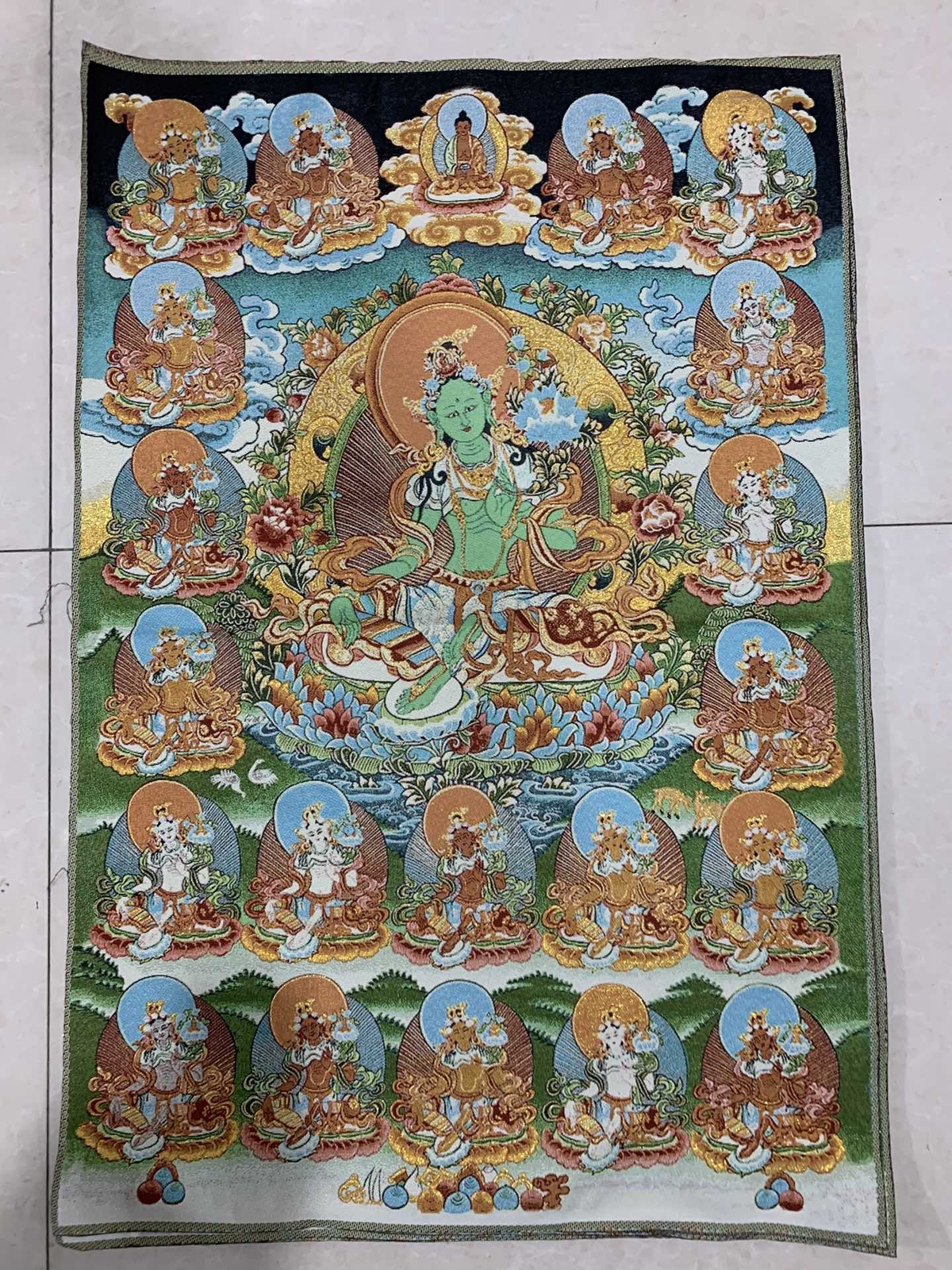 36″Tibet Tibetan Cloth Silk Buddhism Green Tara Guanyin Tangka Thangka Mural 21