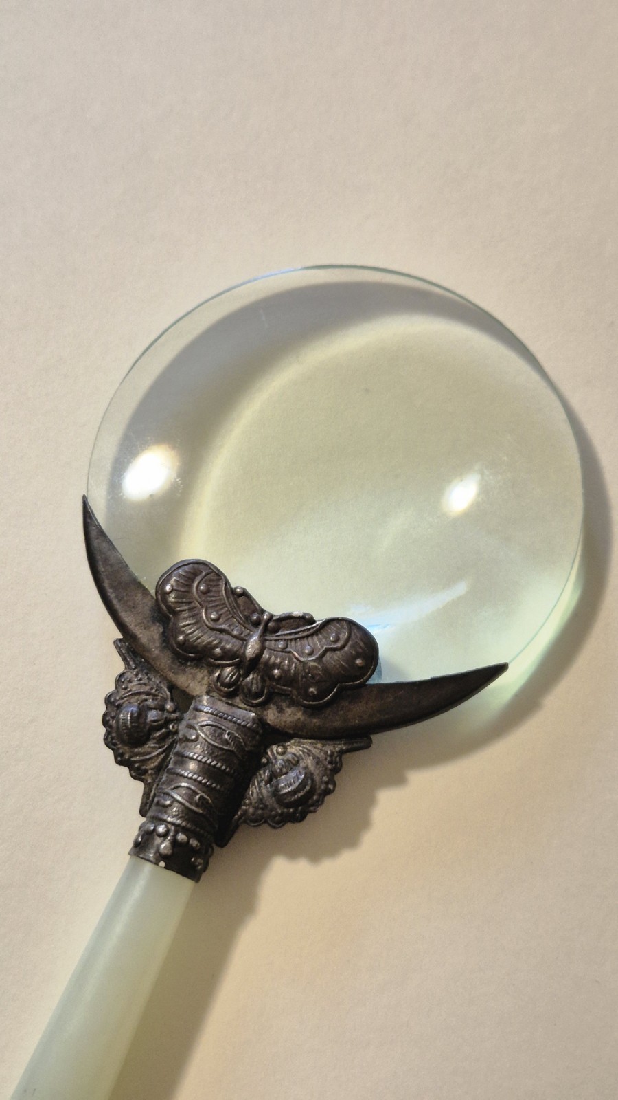 Antique 1900s Jade Stone Handle & Silver Filigree Magnifying Glass Jadeite