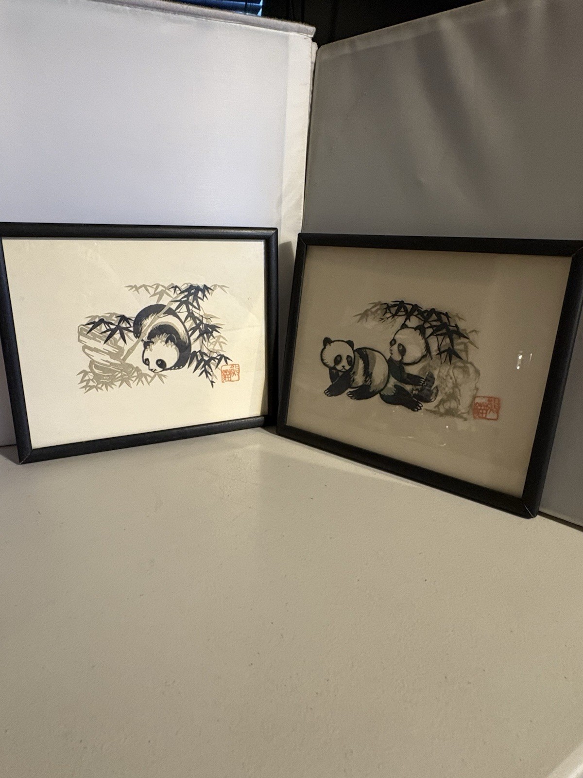 Pair of Chinese Folk Art Hand Cut Panda Paper Cut Outs 1979 8×10 Bear