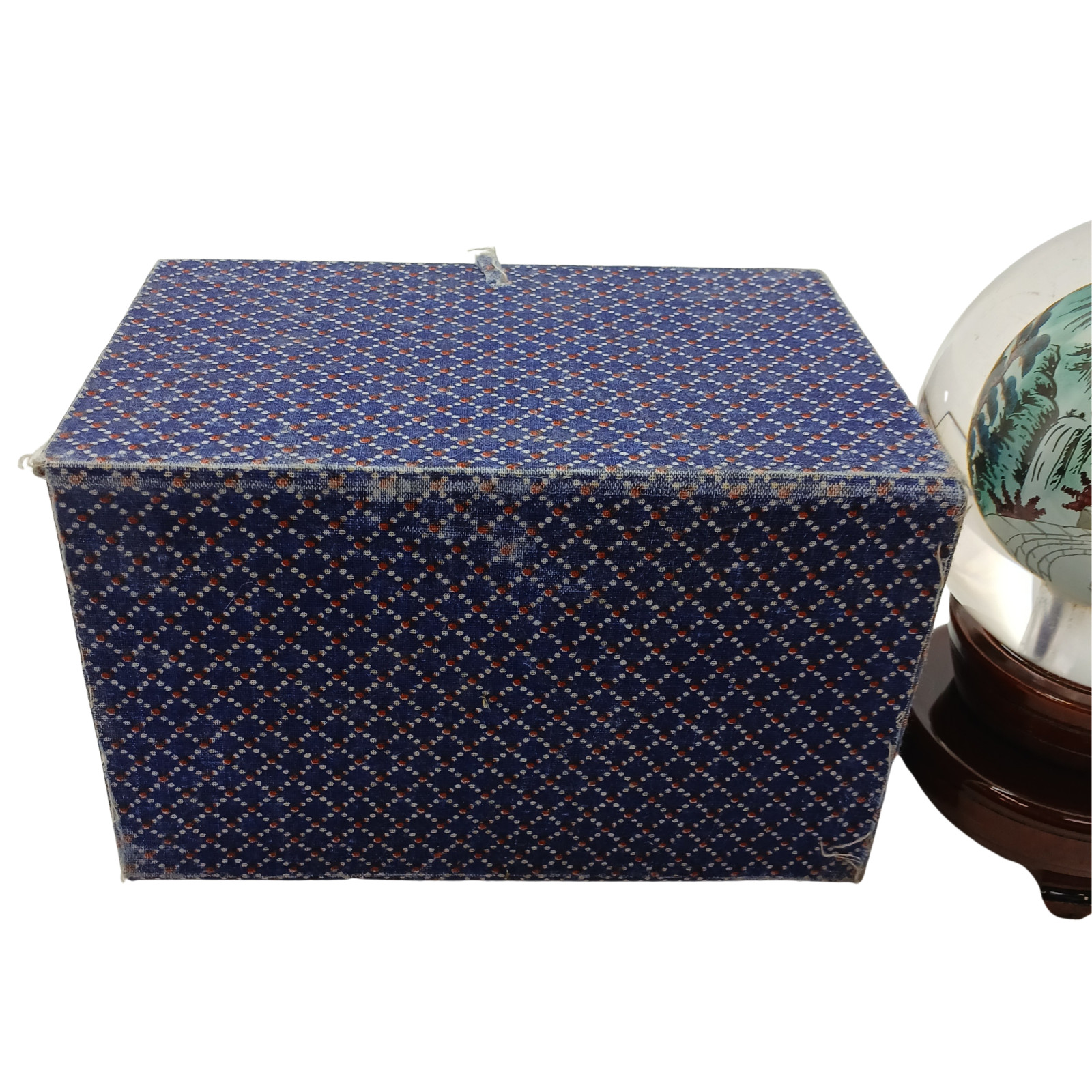 Chinese Handpainted Reverse Glass Art Ball Orb Landscape Scene 4″ Sphere W/ Box
