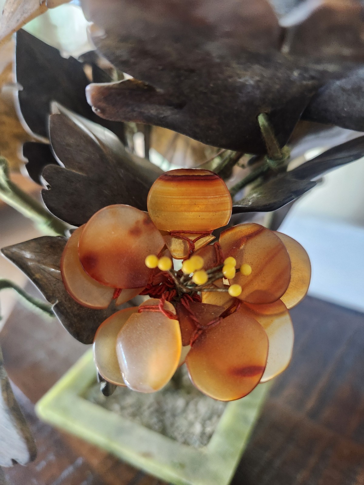 Vintage Chinese Jade And Multi Color Semi Precious Stone Flower Bonsai Tree
