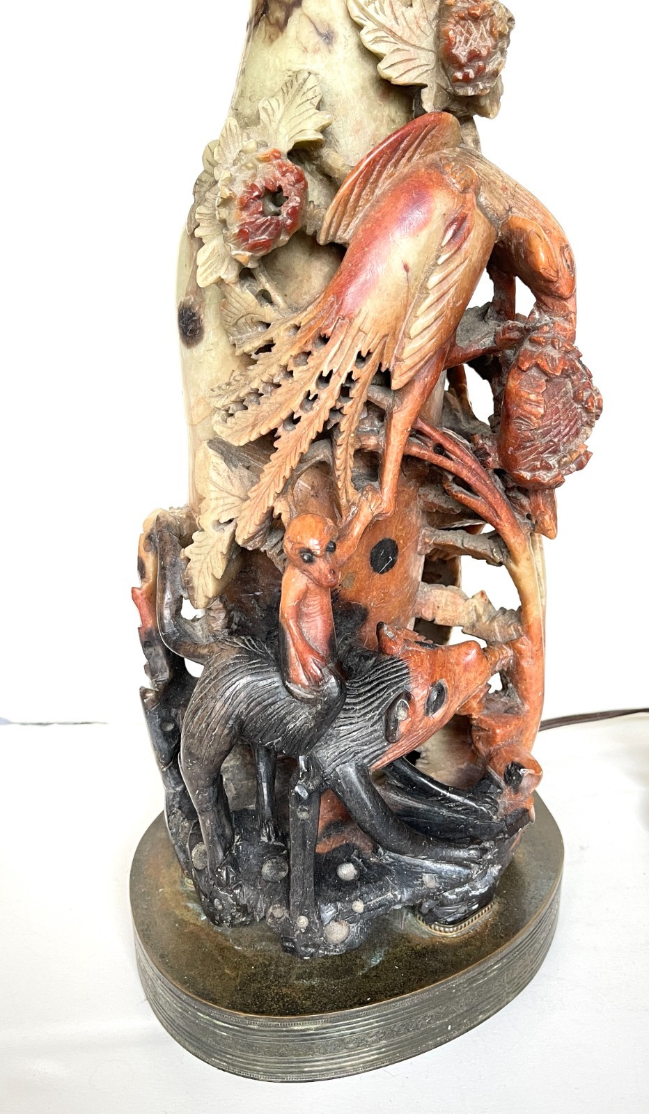 Chinese Soapstone Lamp Carved Bird Paradise Monkey Flowers Antique