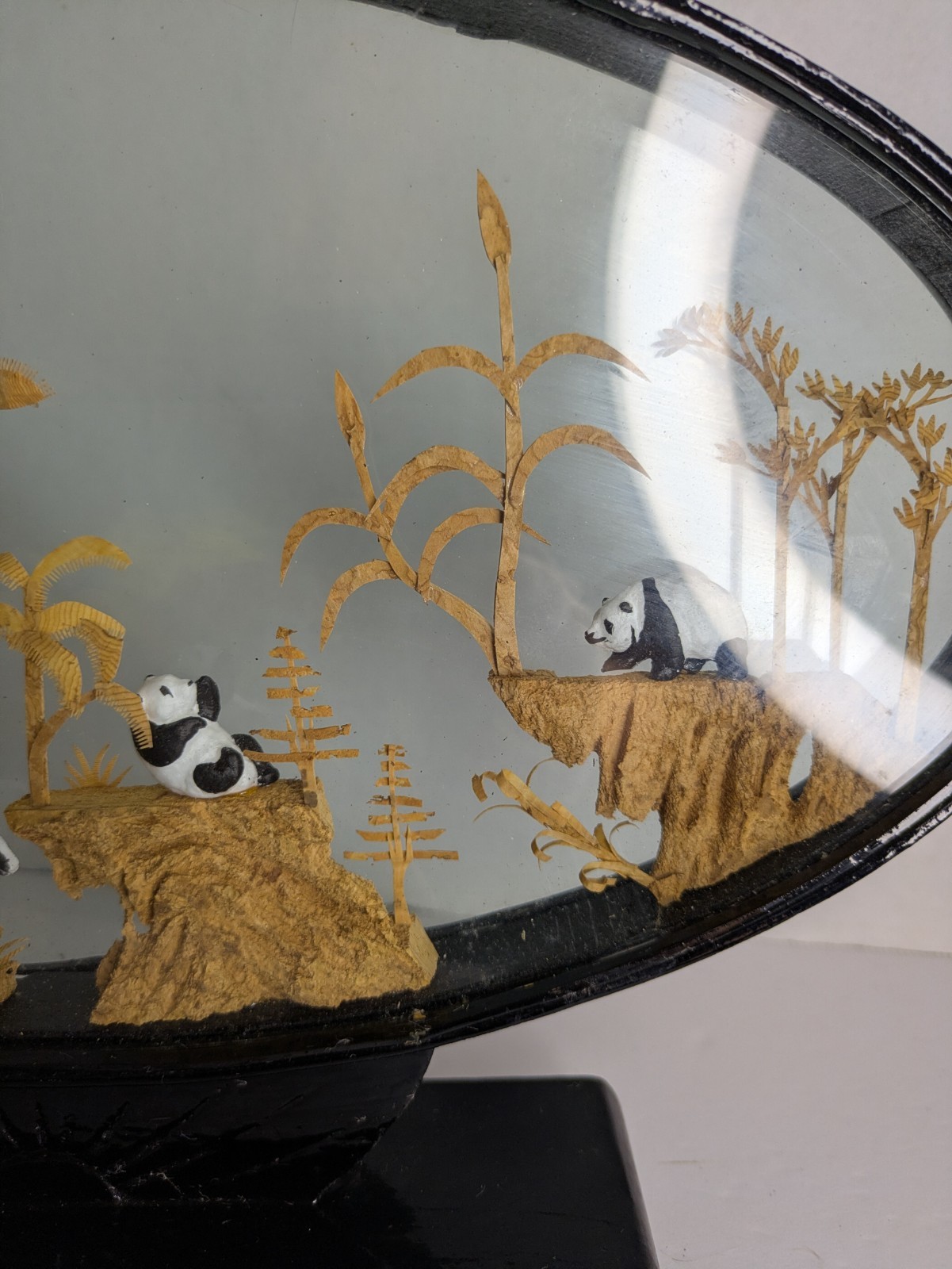 Vintage Chinese Cork Carving Diorama Encased Hand Carved Wood Pagoda Panda Bears