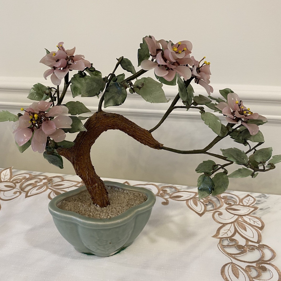 Vintage Japan Art Glass Jade Bonsai Tree with pale pink flowers 9.5” H x 11”W.