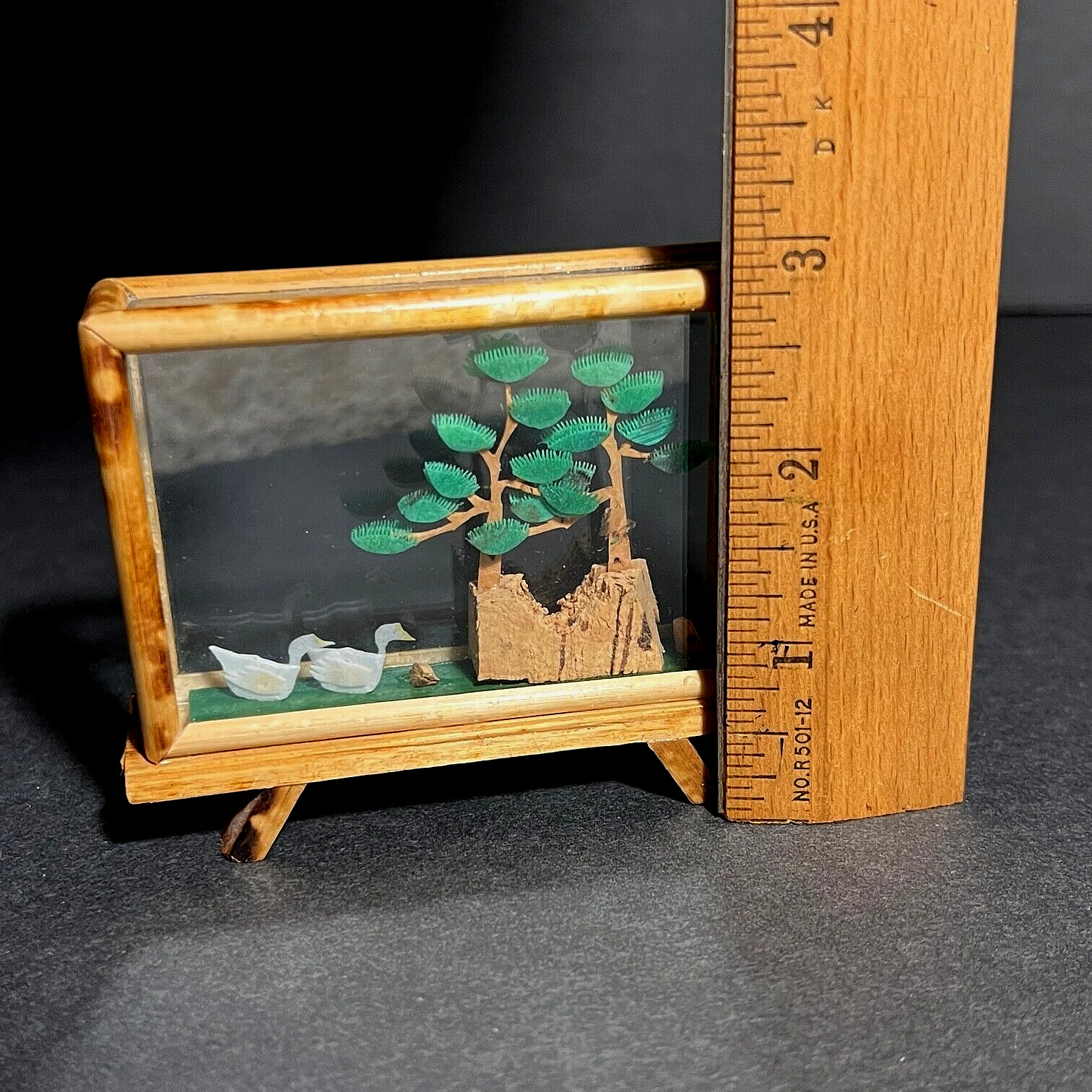 Vtg Small Chinese Carved Cork Diorama Trees Swans Rocks 3D Glass & Bamboo Case